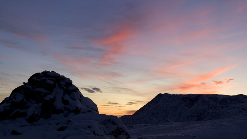Sunset behind Ill Crag & the Allen Crags summit cairn Sunset behind Ill Crag & the Allen Crags summit cairn