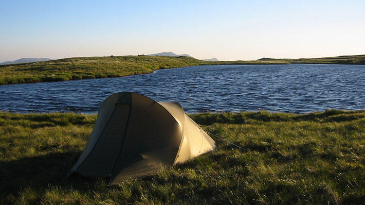 Evening light on the tent pitch by Llyn y Fign Evening light on the tent pitch by Llyn y Fign