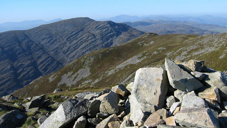 Rhinog Fawr and Snowdonia mountains from Rhinog Fach Rhinog Fawr and Snowdonia mountains from Rhinog Fach