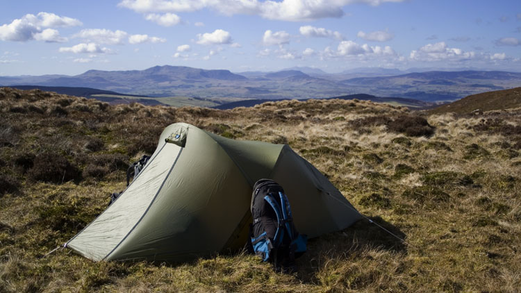 Pitch on Foel Cwm Sian Llwyd with the Arenigs beyond Pitch on Foel Cwm Sian Llwyd with the Arenigs beyond