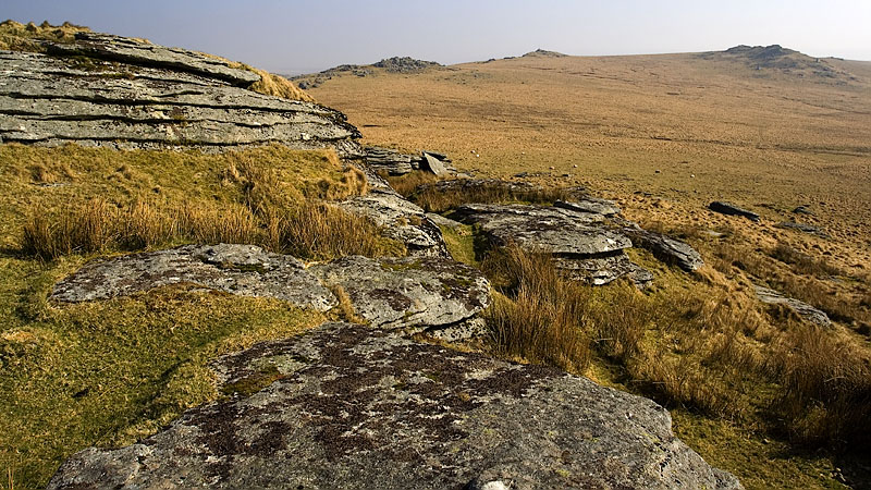 Lydford Tor and distant Beardown Tors