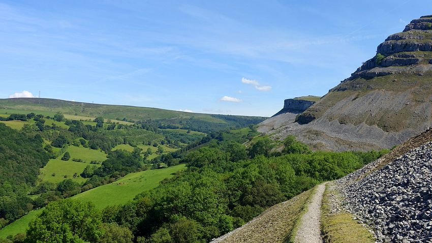 Eglwyseg crags path & Cyrn-y-Brain across the valley
